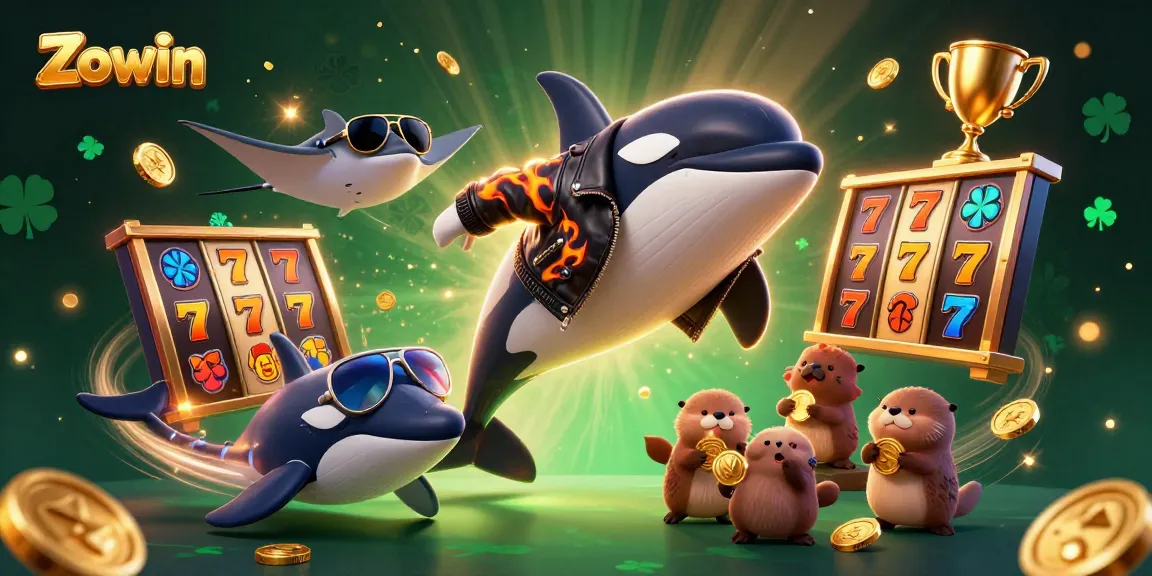 Zowin connects players in a vibrant casino scene with characters enjoying dynamic slots, coins, and thrilling gameplay.
