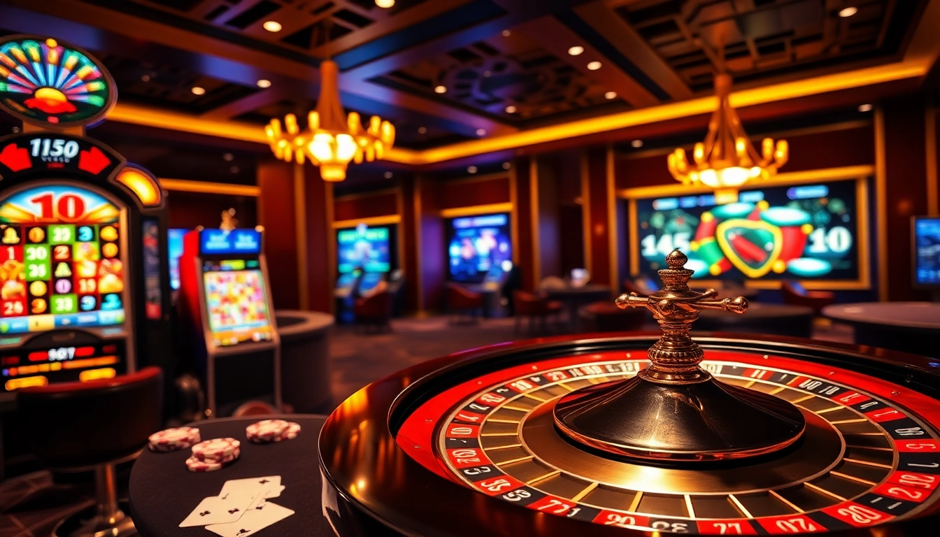 Win big with Nhà cái uy tín Luckywin at a luxury casino environment featuring vibrant slots and roulette.