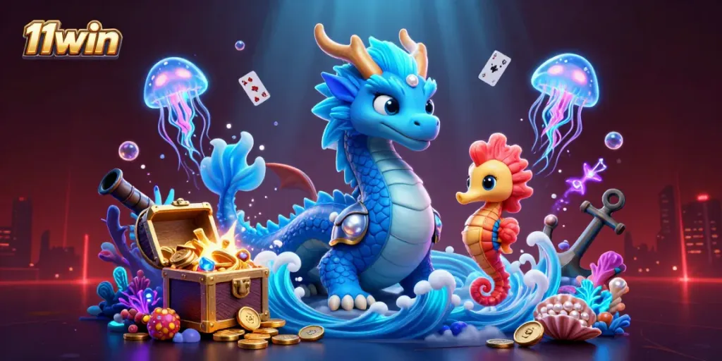 Experience the excitement of 11win with a vivid underwater casino scene featuring a magical dragon and treasures.