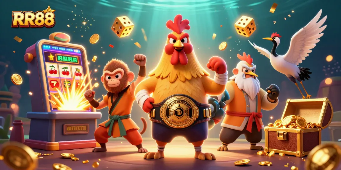 Win big with RR88 in an energetic 3D casino scene featuring dynamic game elements and characters.