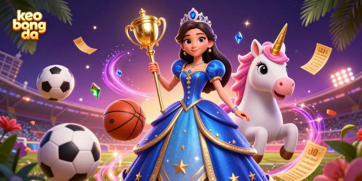 Bet on keo bong da with dynamic sports elements, trophies, and betting slips in a vibrant scene.