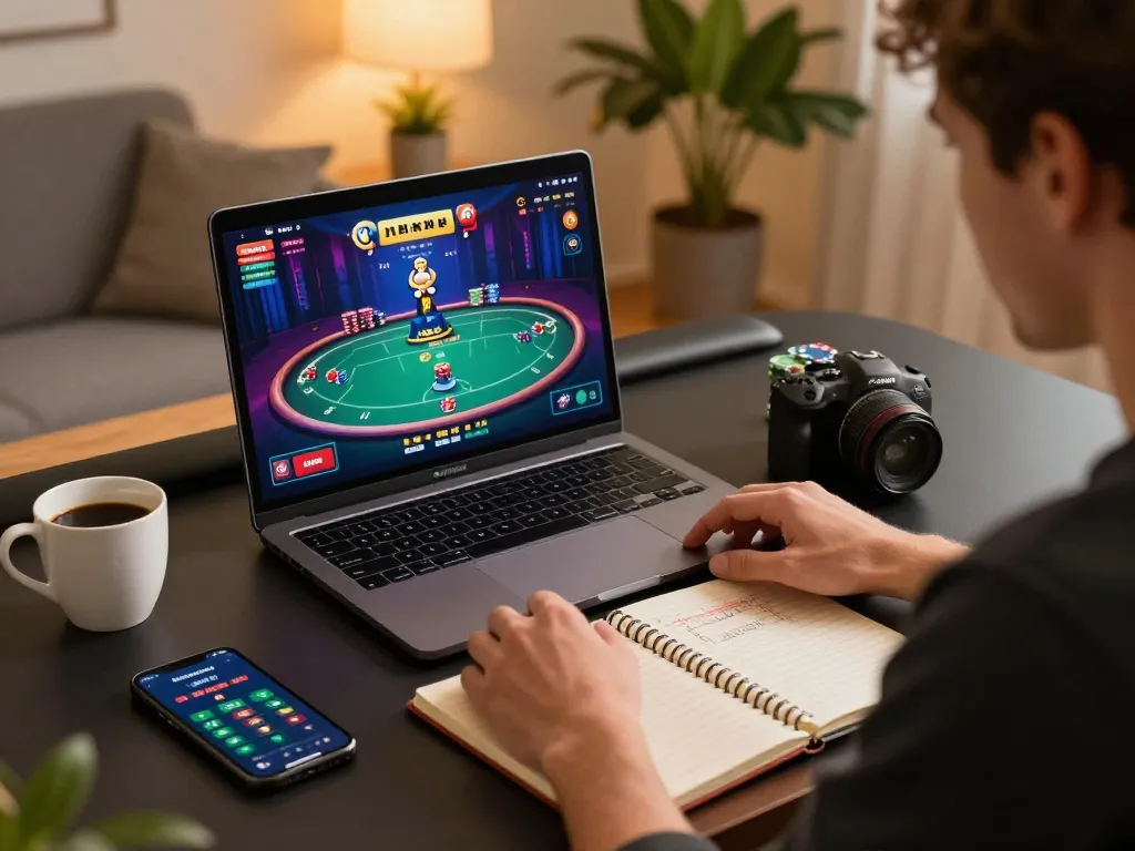 Engaged player enjoying online poker at a laptop, inspired by strategies from https://s8inc.com/ in a cozy home setting.