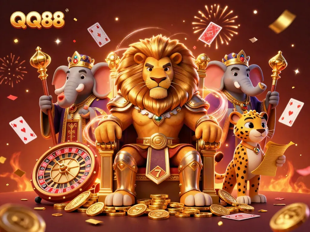 Experience immersive casino action with QQ88, featuring a lion king, elephant advisor, and cheetah messenger.
