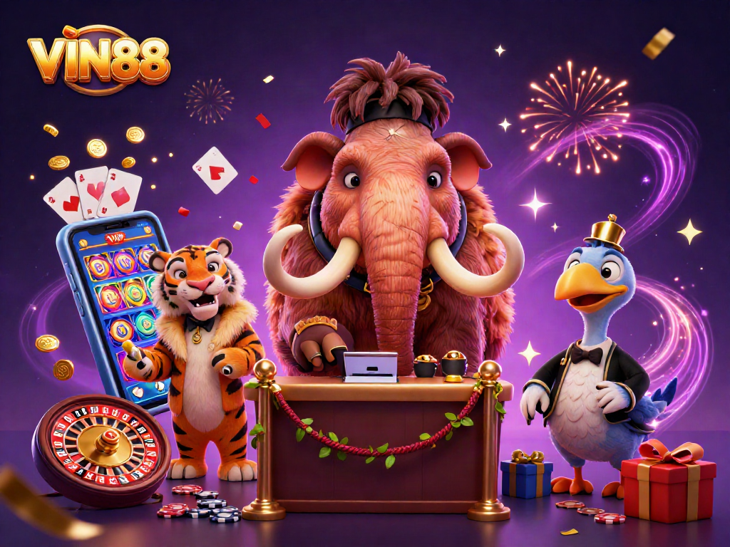 Experience excitement at VIN88 with a lively 3D illustration of a casino scene featuring characters and engaging game elements.