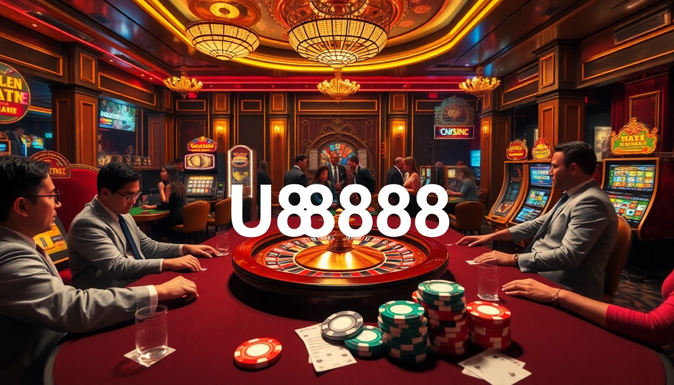 High-stakes game scene showcasing U8888 poker table with players, chips, and vibrant slot machines.