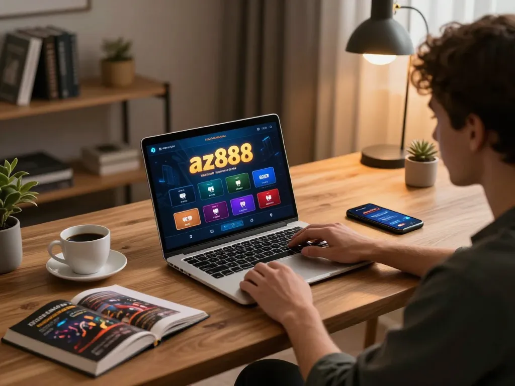 Engaging in online gaming on the az888 app in a stylish home office with laptop.