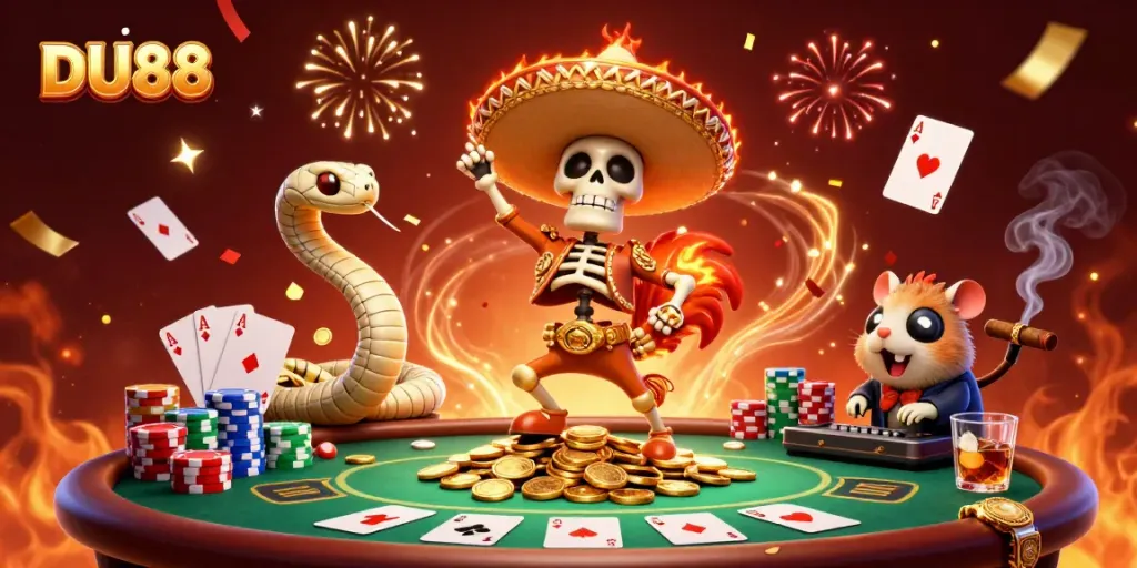 Experience DU88's thrilling gaming with vibrant characters celebrating on golden coins.