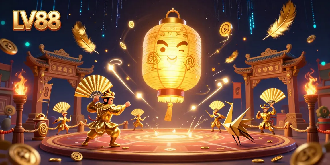 Engage with LV88's vibrant casino scene featuring a golden lantern spirit and dynamic gaming elements.