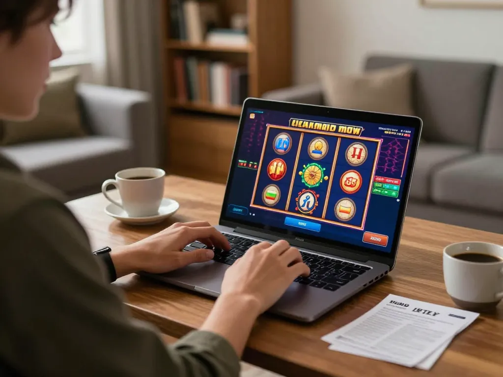 RR88 user excitedly playing slots on a laptop in a cozy home setting, showcasing online gaming experience