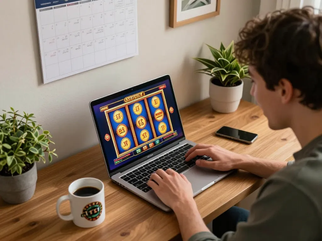 Player enjoying online slots at a cozy home setup, exploring Bem88 exciting casino options.