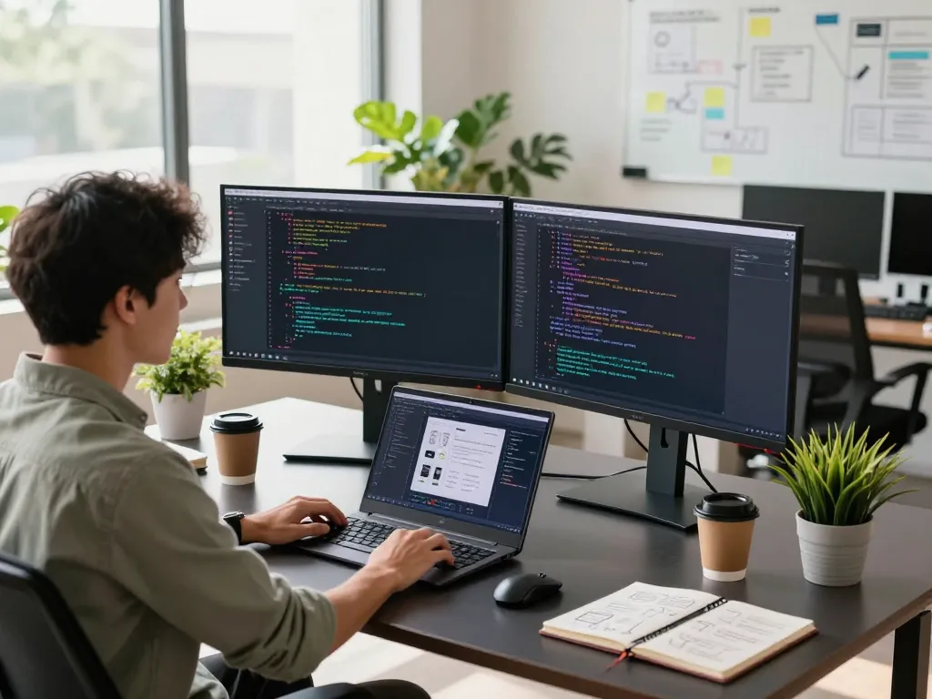 Generate image to prompt in an innovative tech workspace with a developer coding at a dual monitor setup.
