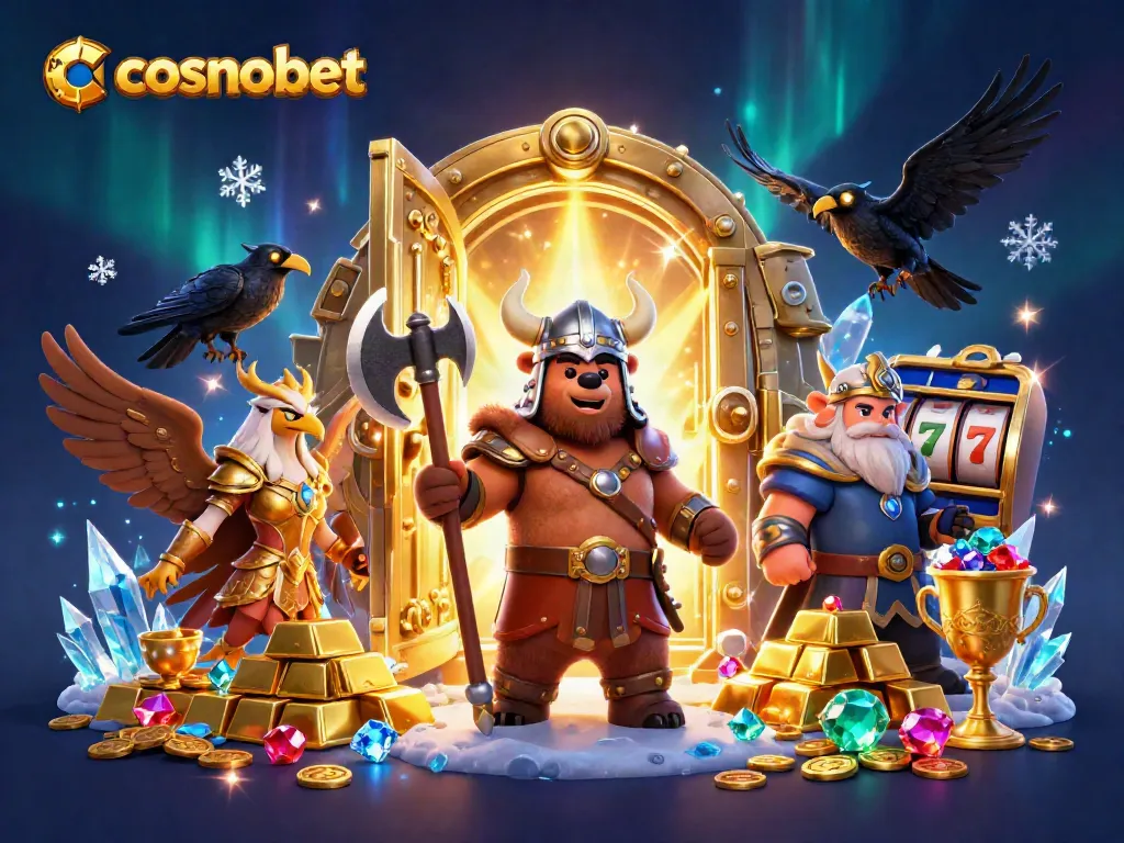 Experience thrilling slots action with cosmobet's Viking berserker and treasure vault scene