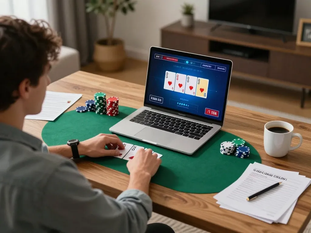 Engaged player at bet168 enjoying online poker at home with strategically placed cards.