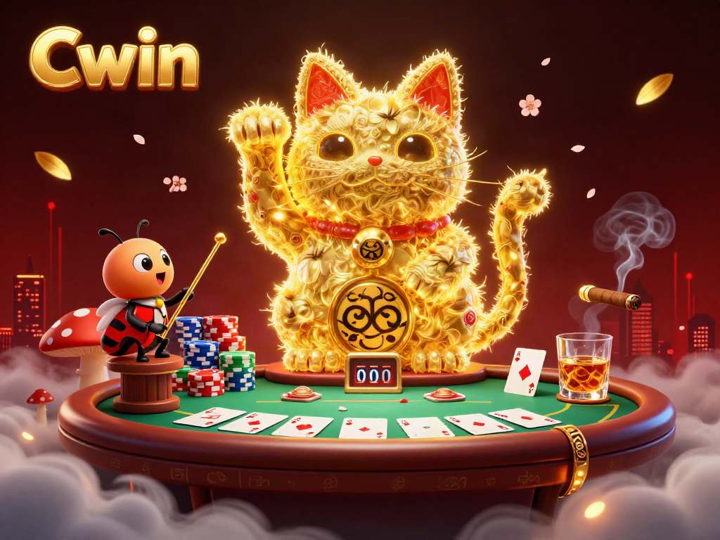 Cwin showcases a vibrant 3D illustration with golden fireflies forming a lucky cat amidst colorful casino elements.