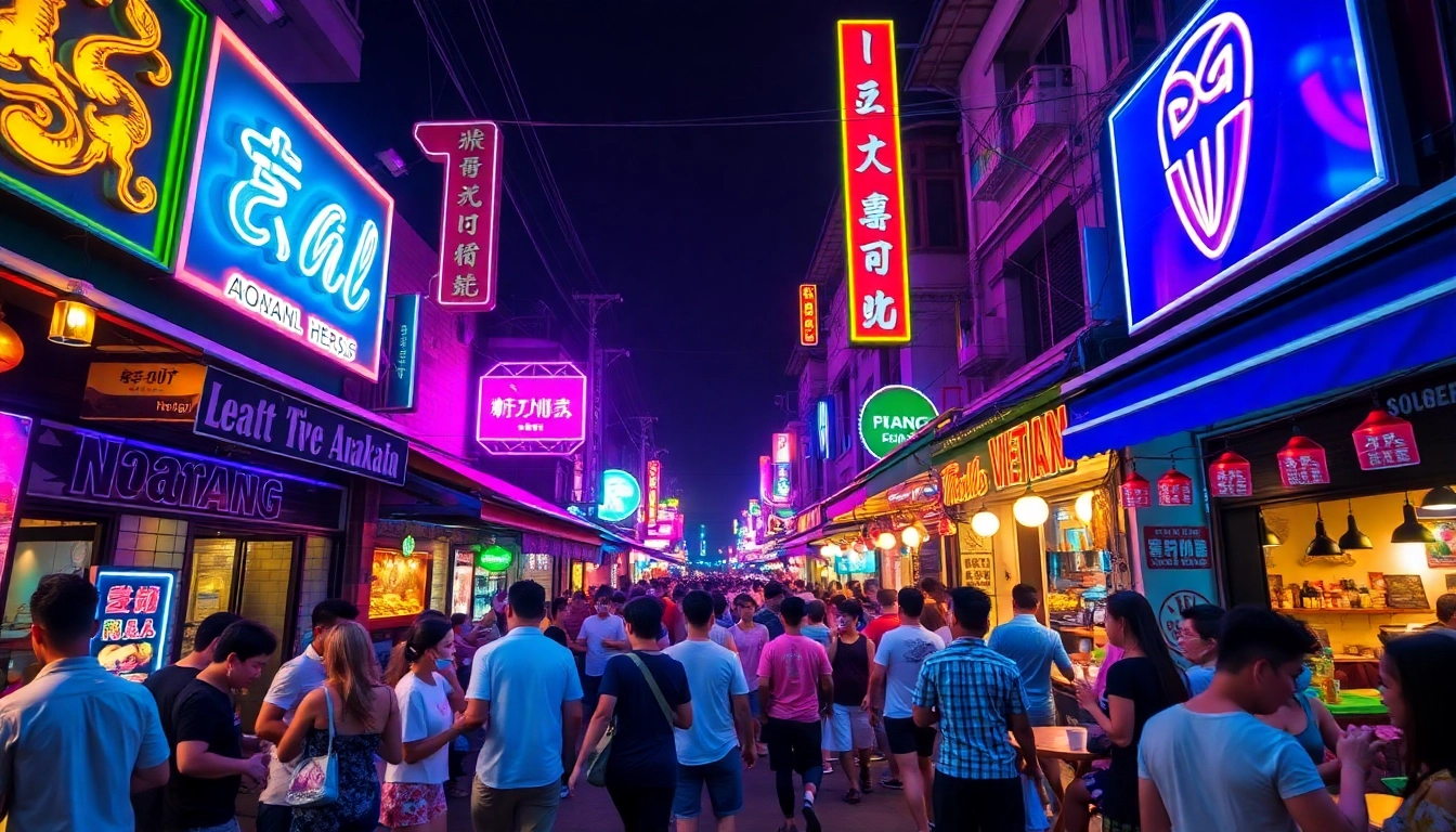 Dynamic 다낭밤문화 nightlife scene with vibrant lights and lively crowds.