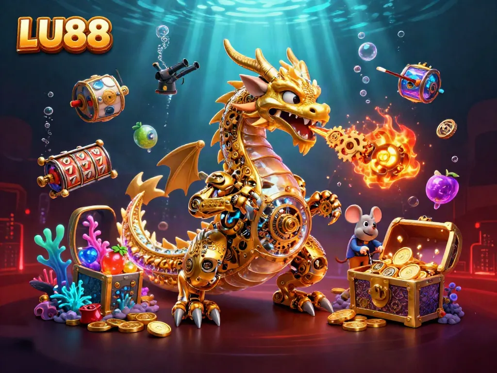 LU88 offers thrilling slot games with a packed scene of a golden dragon and treasures
