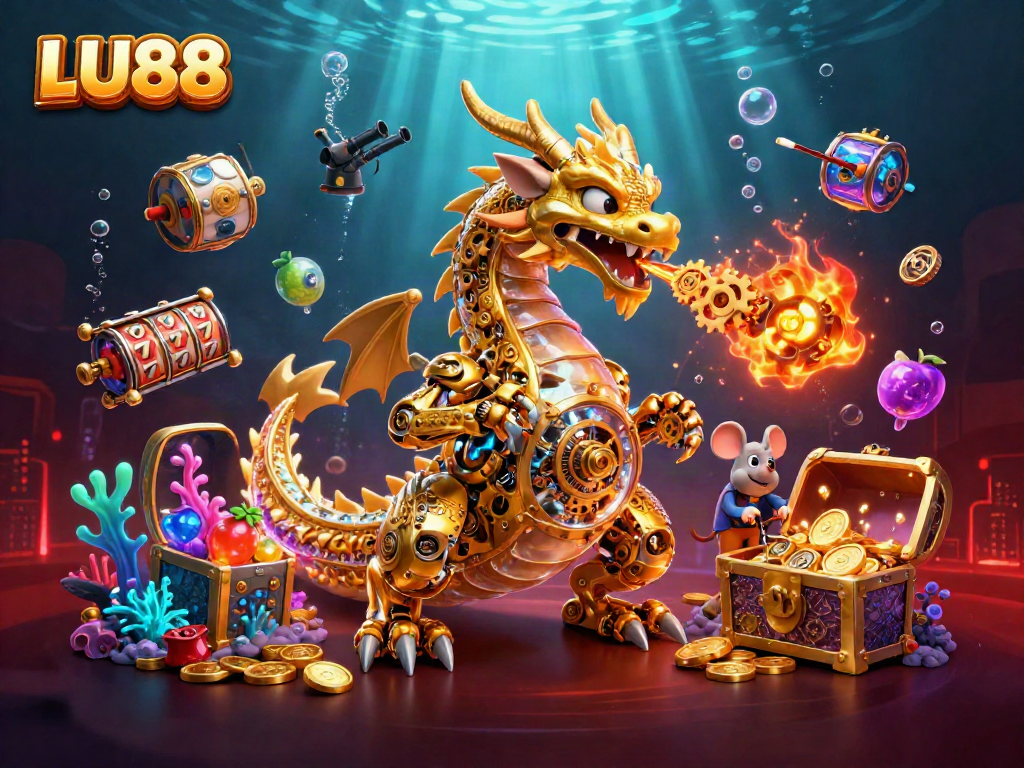 LU88 offers thrilling slot games with a packed scene of a golden dragon and treasures