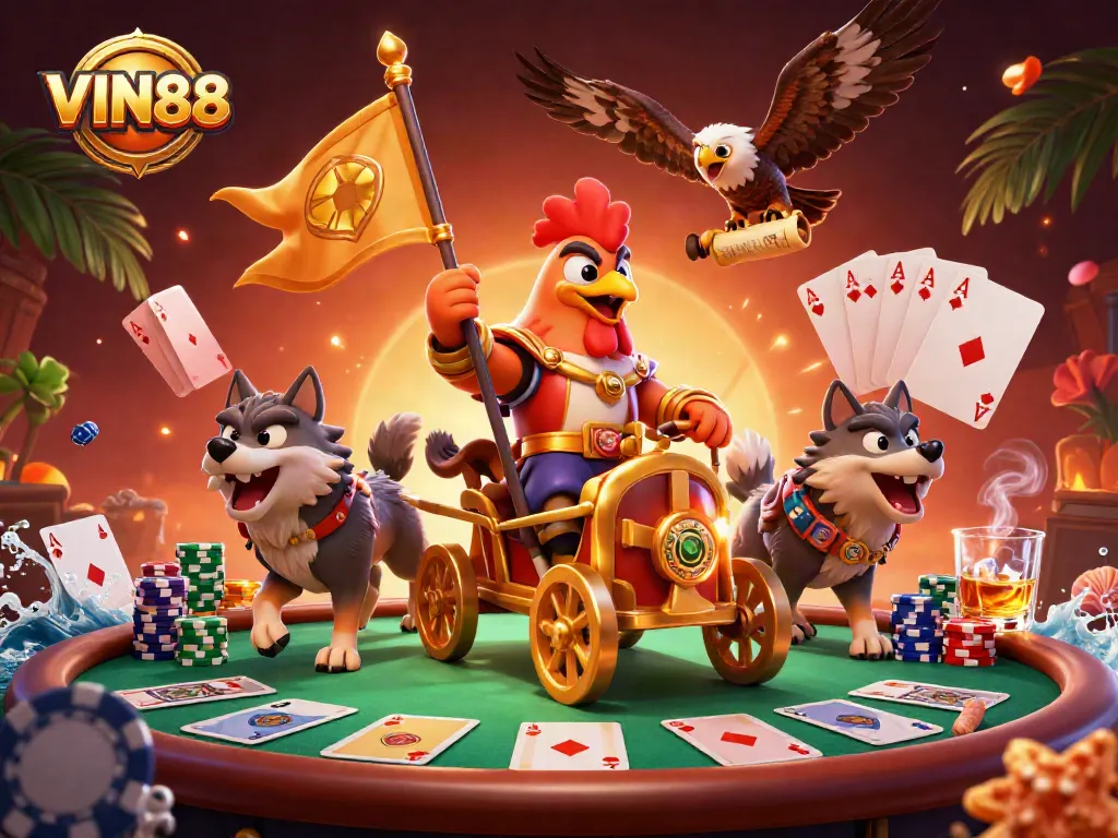 Experience thrilling gameplay at VIN88 with an epic scene of a rooster warlord in a vibrant casino.