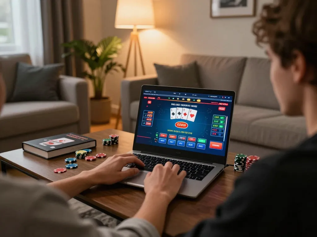 Play poker at home through Okfun's online platform with a laptop and strategy notes.