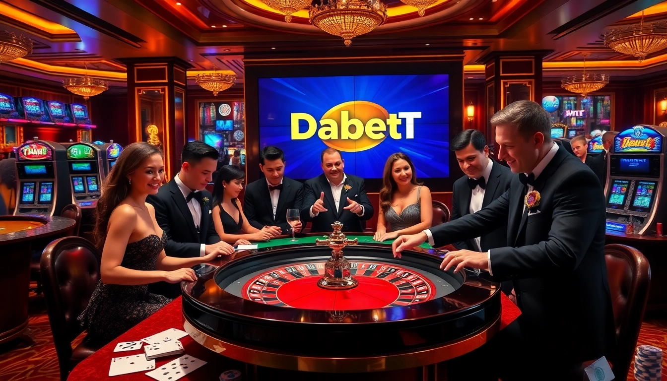 Engage with Dabet TV while playing at luxurious roulette tables in a vibrant casino setting.