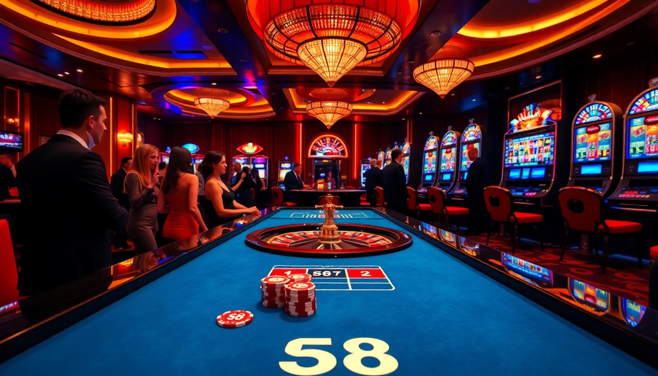 Gambling at the S8 casino with vibrant tables, chips, and roulette wheel.