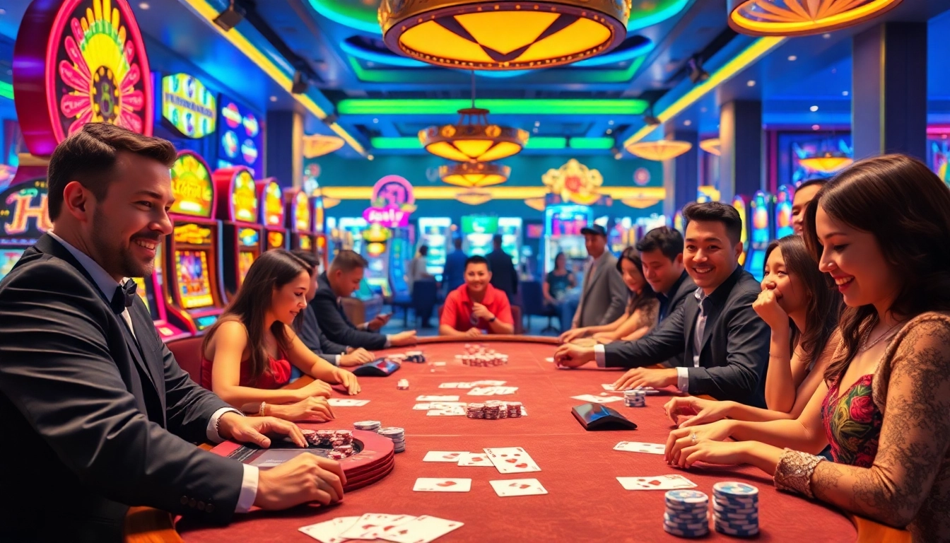 Engage in game bài đổi thưởng at vibrant casino tables with excited players and dazzling slot machines.