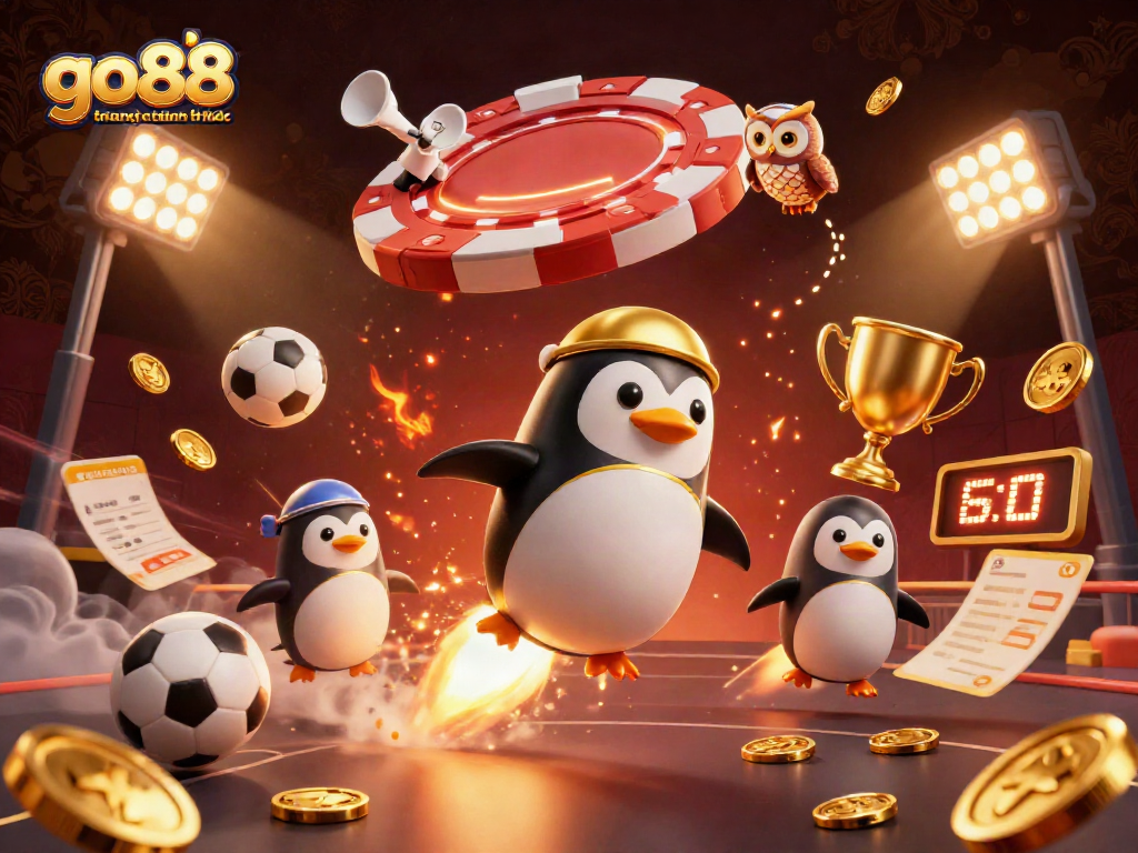 Experience the excitement of go88 trang chu chinh thuc with a golden penguin and sports elements in this vibrant illustration.