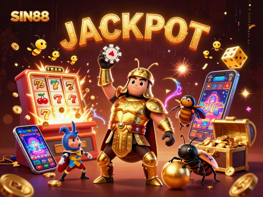 SIN88's vibrant casino scene showcases a hercules beetle and dung beetle in action for jackpot thrills.