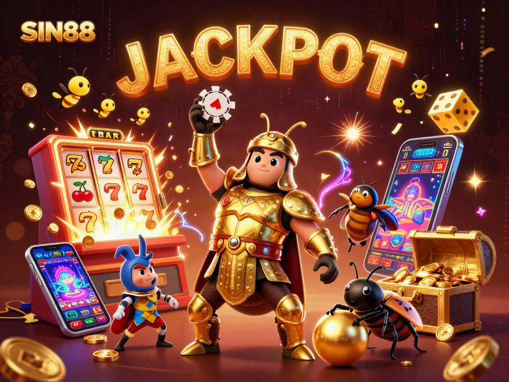 SIN88's vibrant casino scene showcases a hercules beetle and dung beetle in action for jackpot thrills.