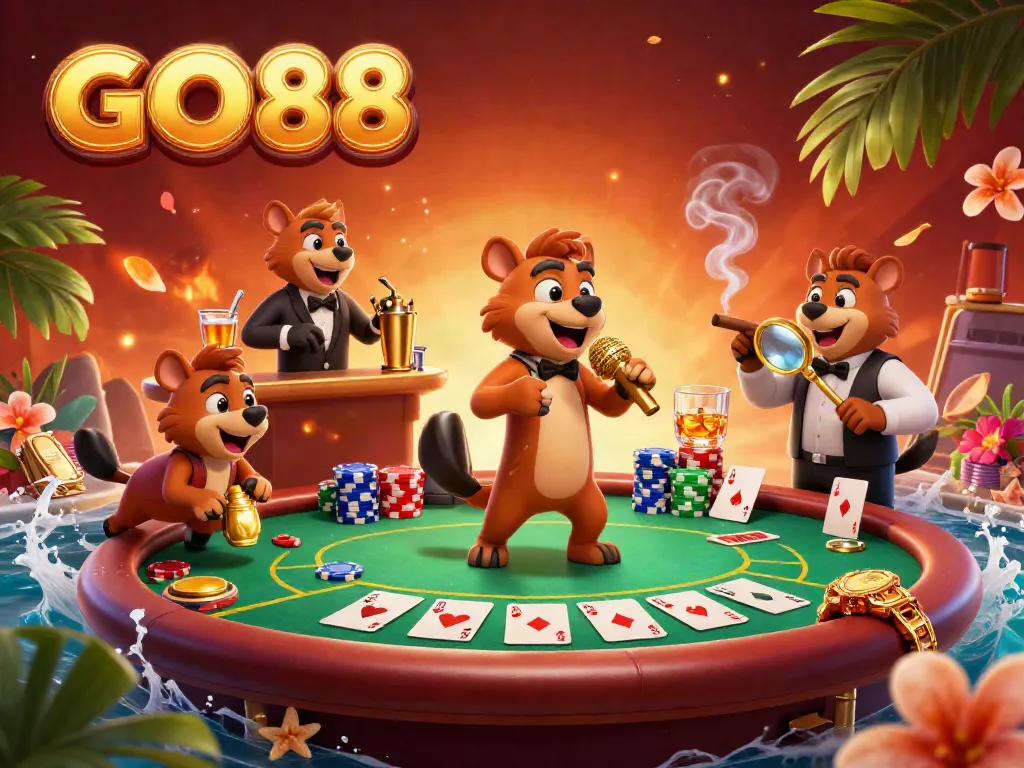 Watch GO88's engaging 3D cartoon hyenas in a lively casino scene, showcasing laughter and vibrant decor.