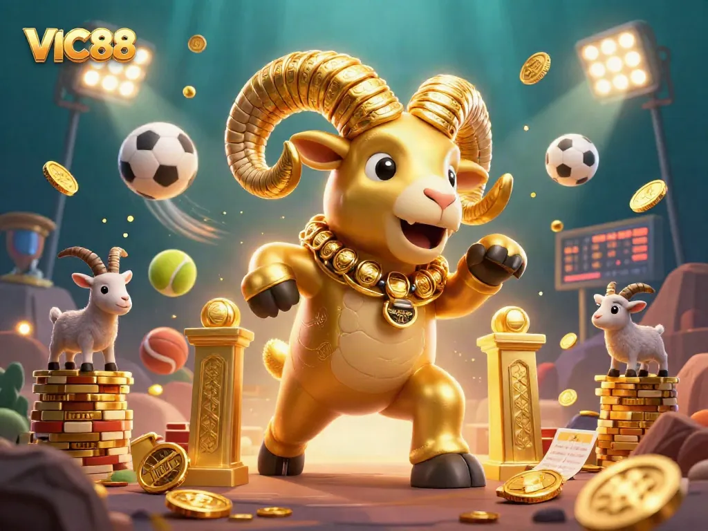 Experience the thrill of VIC88 with a golden ram charging through a gateway in a vibrant casino scene.