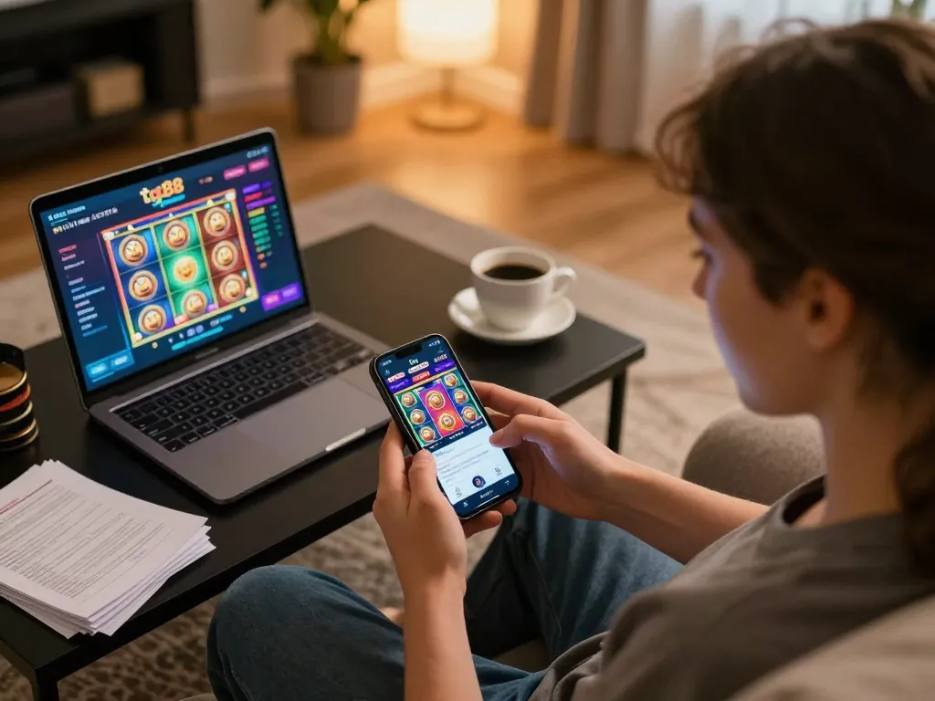 Player enjoying tg88's casino app on smartphone while following strategies at home