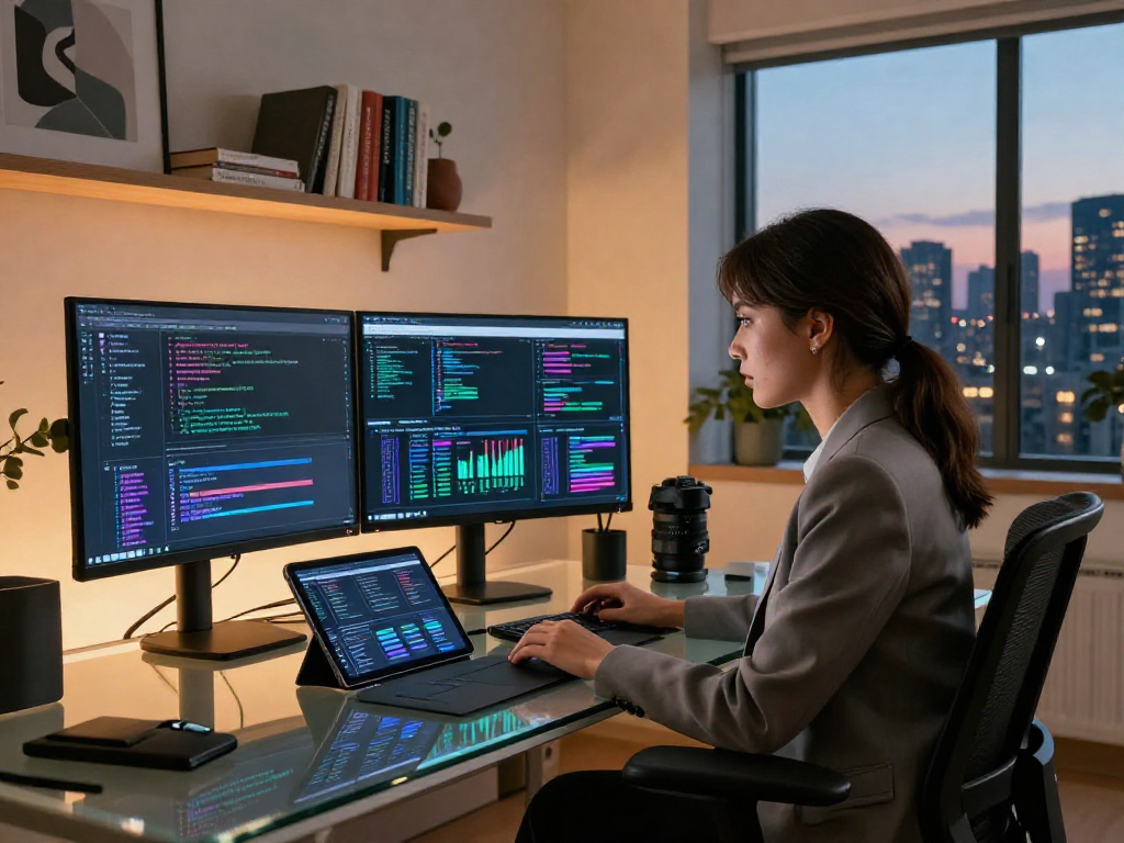 AI nsfw moderation tools in a stylish workspace with a professional woman engaging with advanced algorithms.