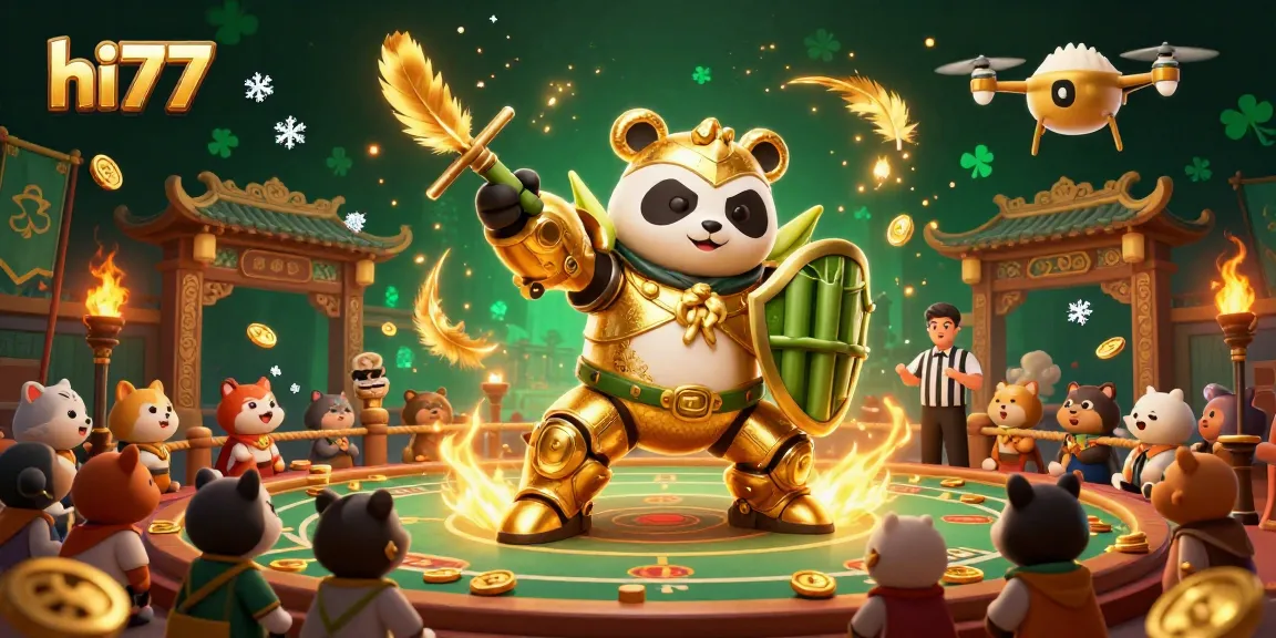 Experience thrilling hi77 gaming as a mech-suit panda battles in a vibrant, action-packed casino arena.