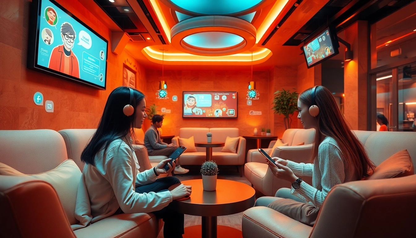 Engage in lively conversations with spicy AI chatbots in a cozy, futuristic lounge setting.
