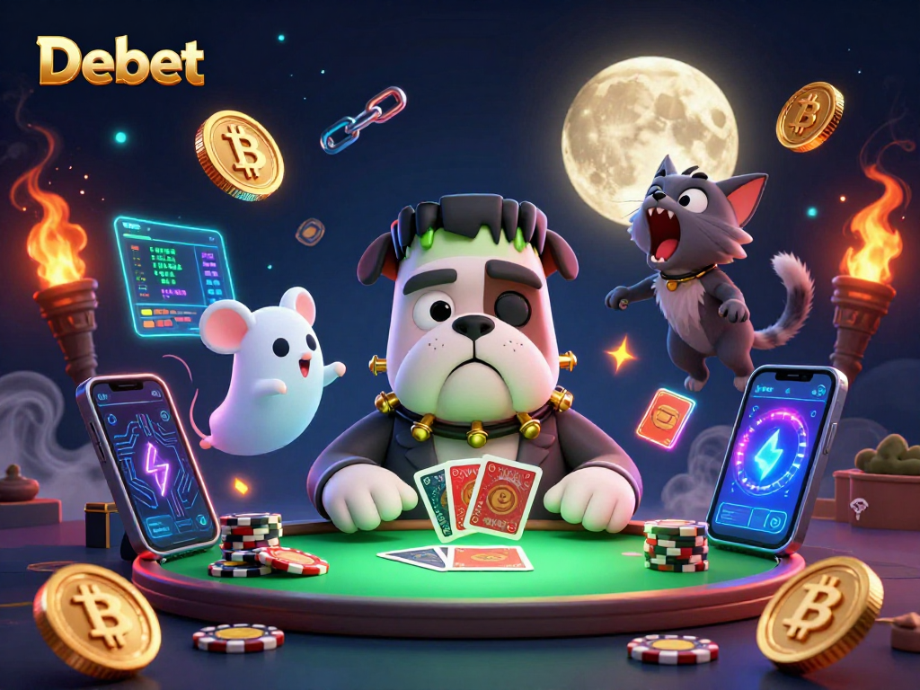 Debet delivers thrilling card games as a bulldog dealer amidst vibrant casino elements.