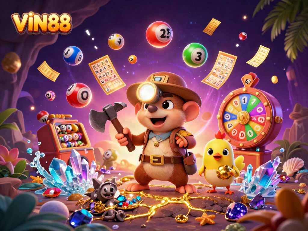 Action-packed illustration of VIN88 featuring a treasure hunter mole amidst casino elements and vibrant prizes.