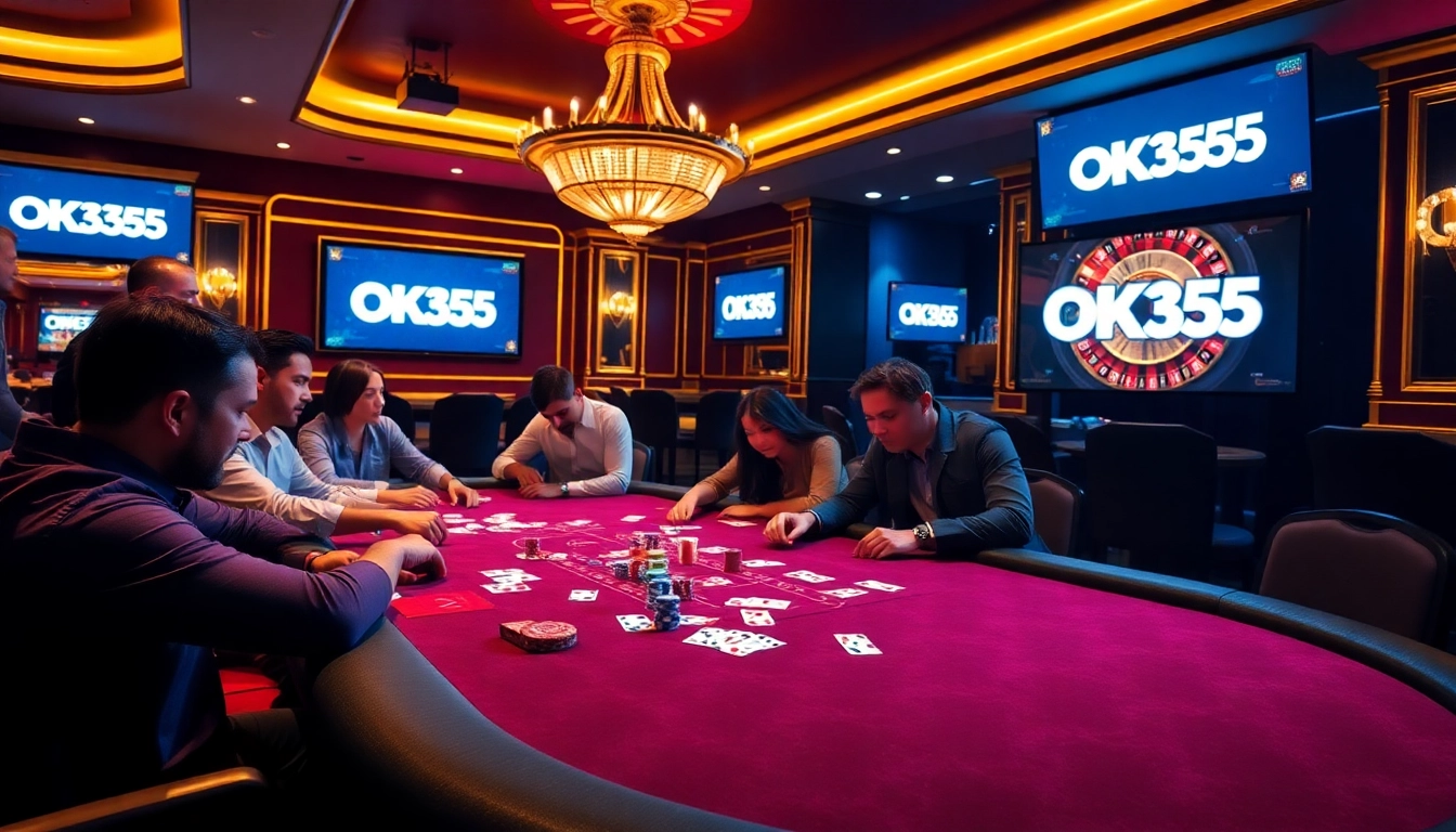 Players enjoying a thrilling poker game at OK365 casino, surrounded by vibrant gambling elements.
