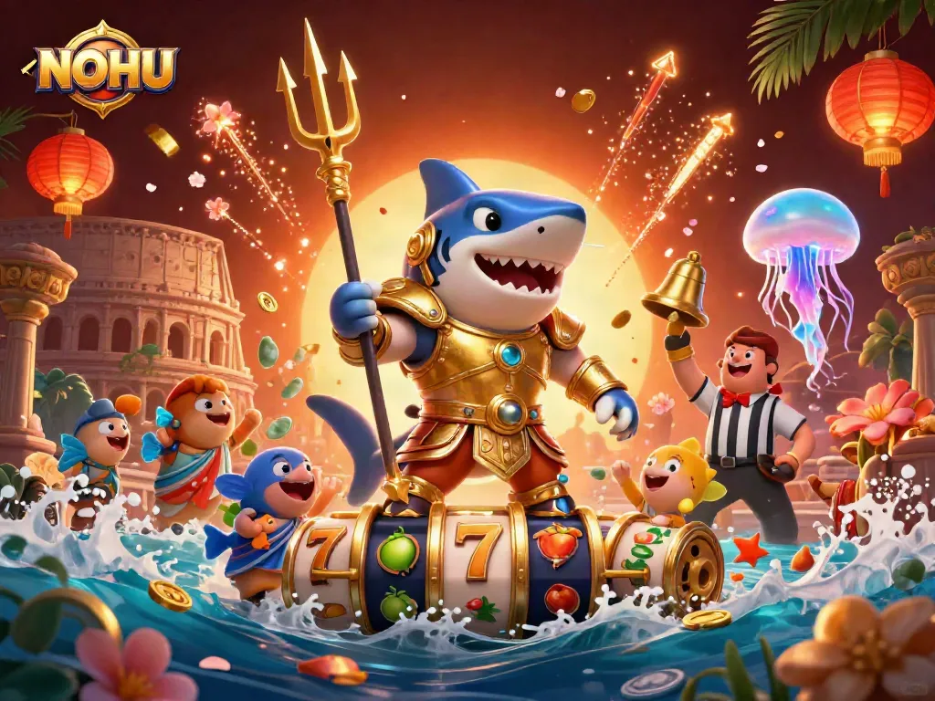 Engage in thrilling NOHU casino adventures with vibrant 3D illustration of a shark warrior in action.