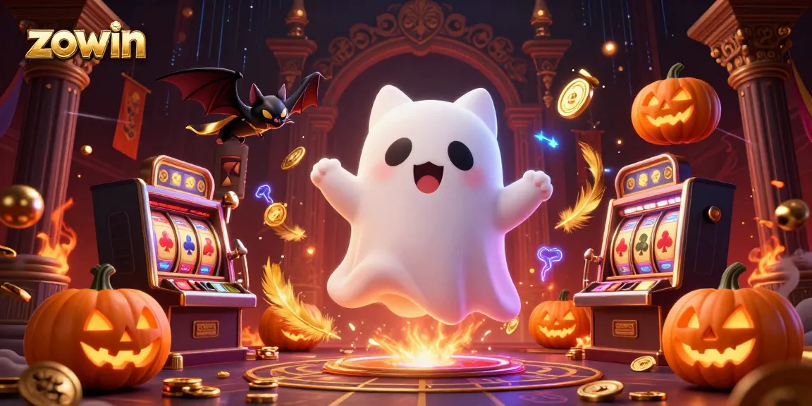 Zowin ghost cat plays slots in a haunted casino with bat companion and glowing poker jack-o-lanterns