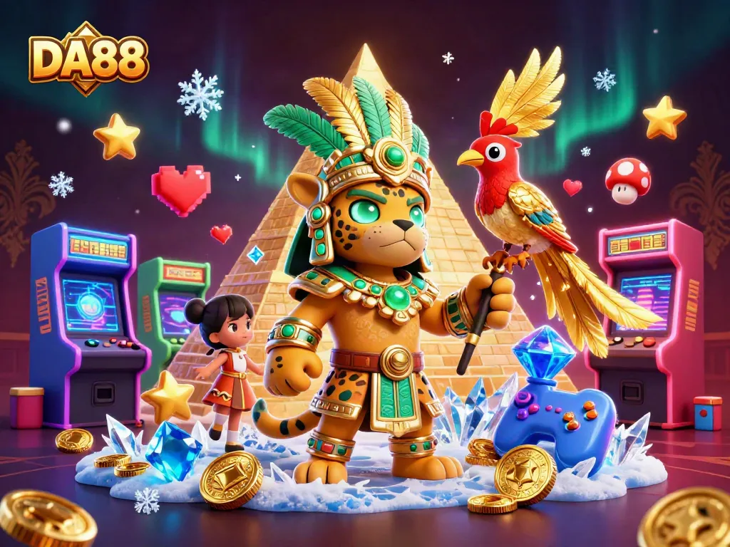 Engage with DA88's vibrant casino world, featuring colorful 3D games and festive characters.