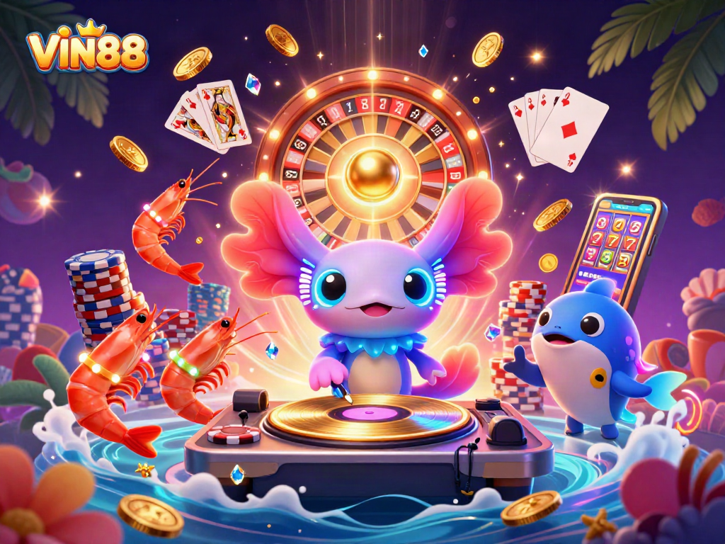 Experience vibrant gameplay with VIN88; a neon axolotl DJ spins for players in an underwater casino.
