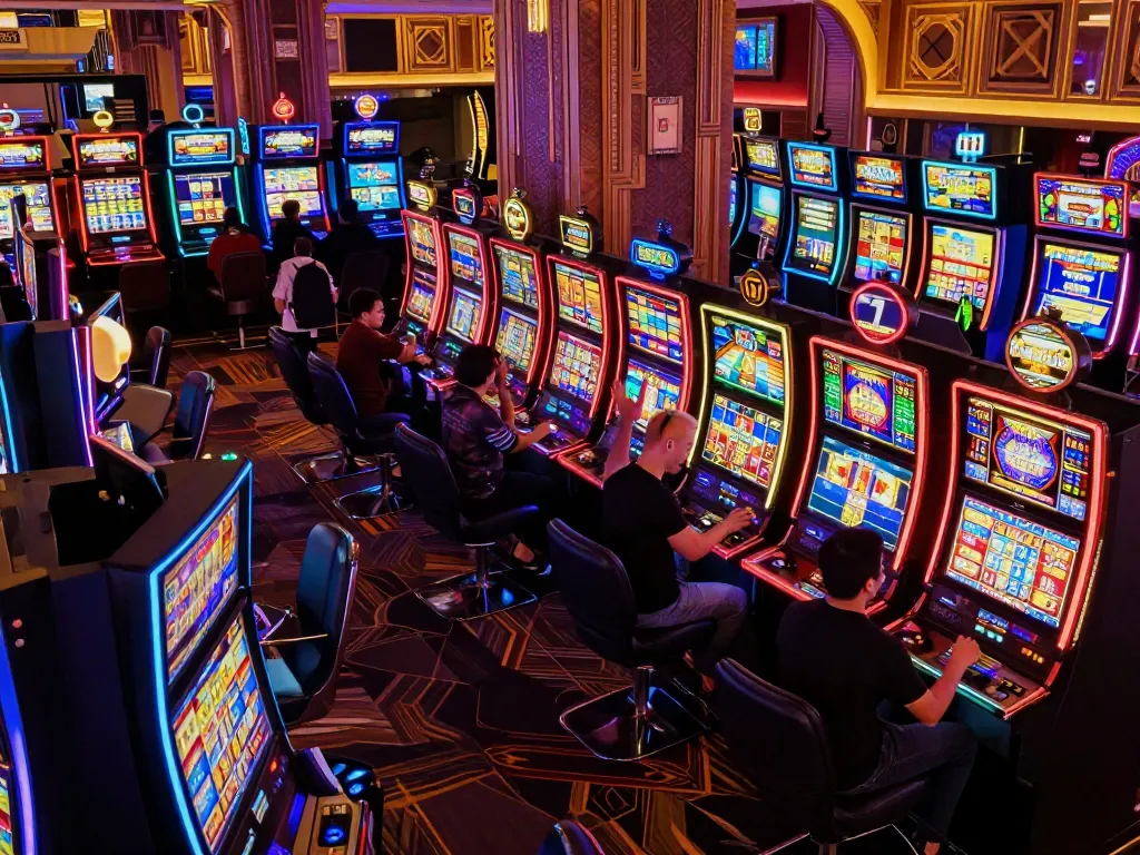 Celebrate wins at vibrant Slot Malaysia machines in an energetic casino setting.