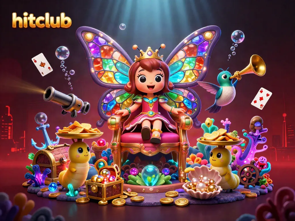 Engage with the hitclub experience by enjoying vibrant casino elements and captivating treasures in a uniquely themed illustration.