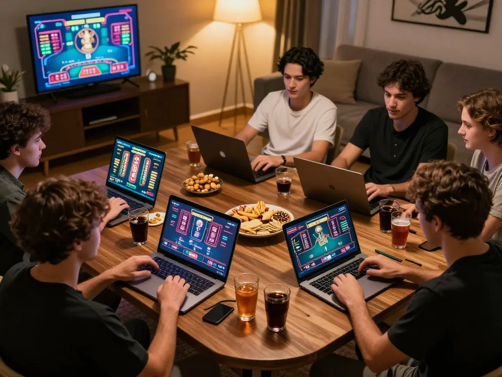 Online players gaming at home on HB88 with laptops showing vibrant casino interfaces, creating a lively atmosphere