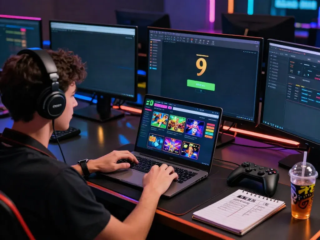 9bet gaming experience with user engaged on laptop amidst vibrant graphics.