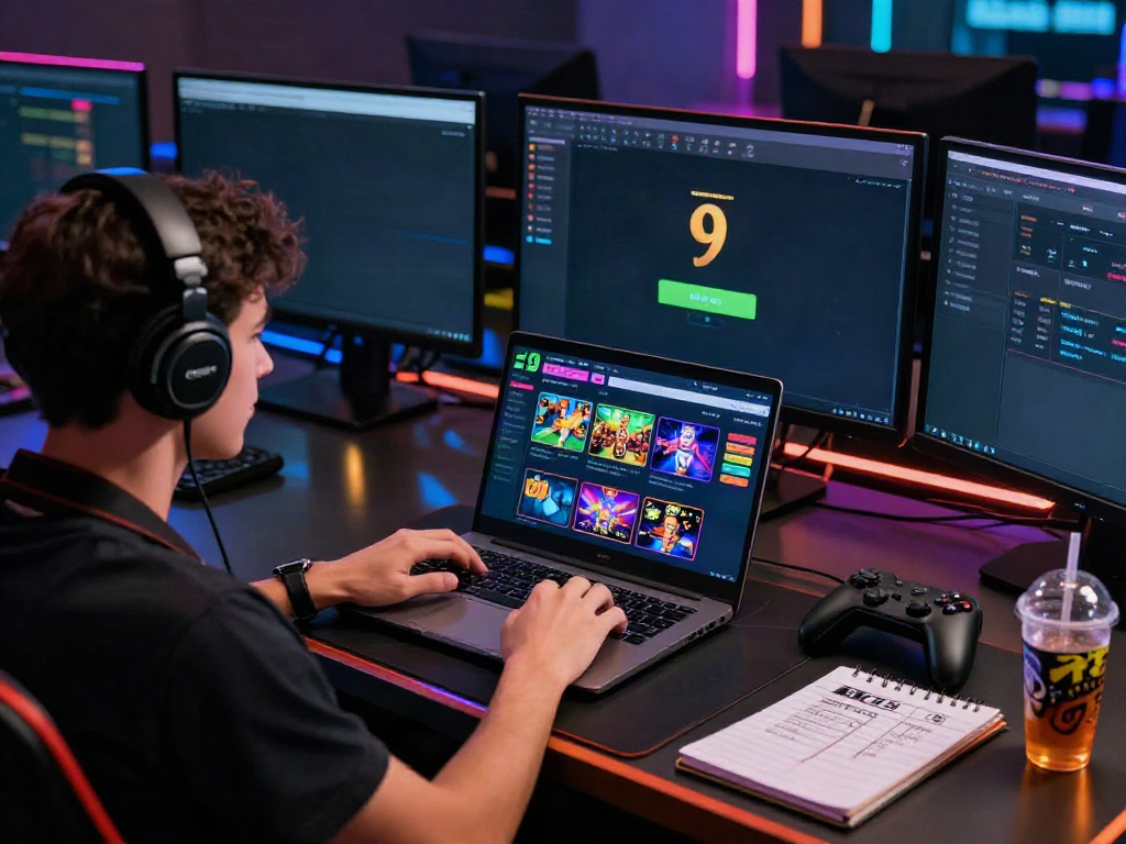 9bet gaming experience with user engaged on laptop amidst vibrant graphics.