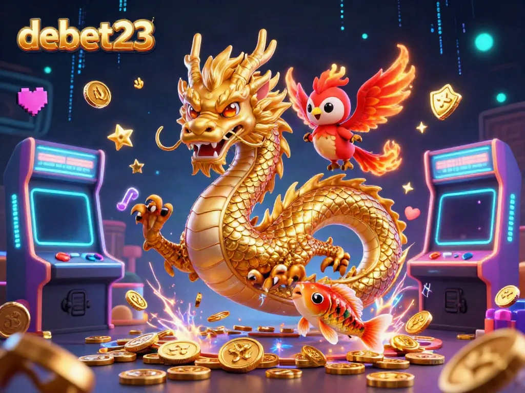Engage with debet23's dynamic gaming universe featuring a golden dragon and vibrant arcade elements.