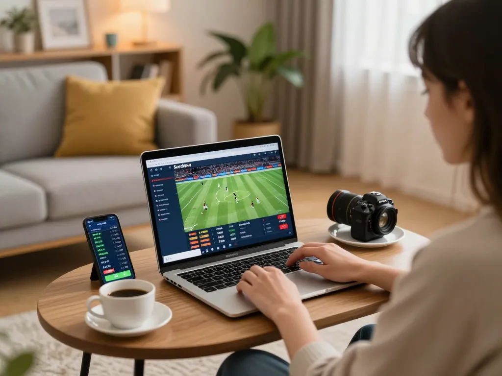 Socolivetv interface on a laptop showing live football betting action, creating an exciting online gaming atmosphere
