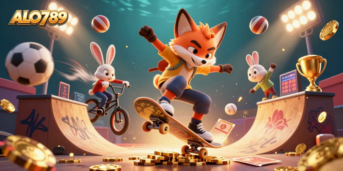 Experience thrilling ALO789 action with a dynamic scene of a skateboarding fox and BMX rabbit surrounded by vibrant casino elements.